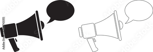 Two megaphones with speech bubbles, one filled and one outlined