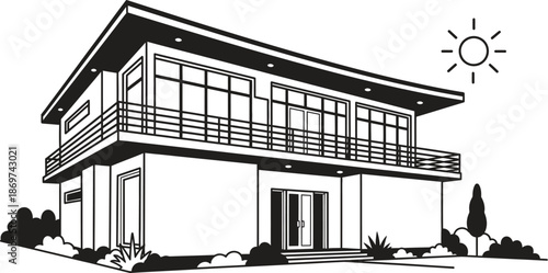 modern house two-story home with balcony and sun illustration