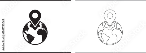 Black and white line icons of location pins on globes