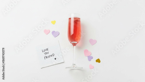 Champagne Glasses and Handwritten Love You Friend Note on Table for Galentine Day Celebration - Concept for Wine and Alcohol and Drink and Stock Photography