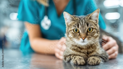 Vet and owner with a cat on a steel table at the clinic Healing after injury animal care trust and support © LimeSky