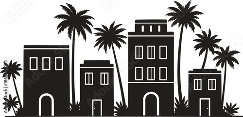 tropical city black and white palm tree cityscape illustration