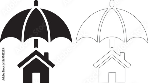 Black and white icons of a house under an umbrella for protection and security