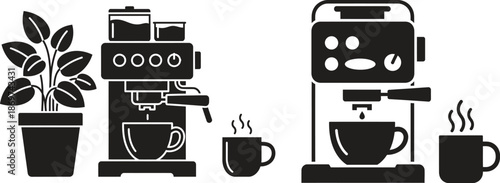 coffee machines minimalist illustration with cups and plant