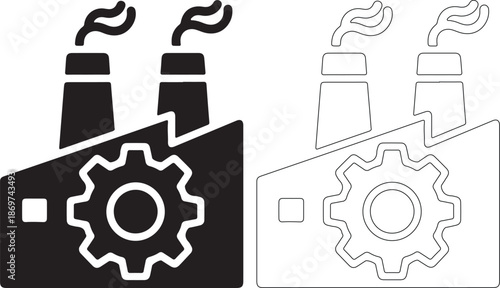 Black and white illustration of industrial factory with gear and smokestacks