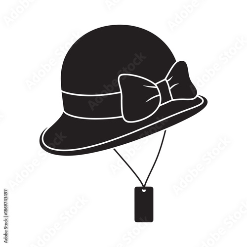 Elegant black hat with a bow and hanging dog tag illustration