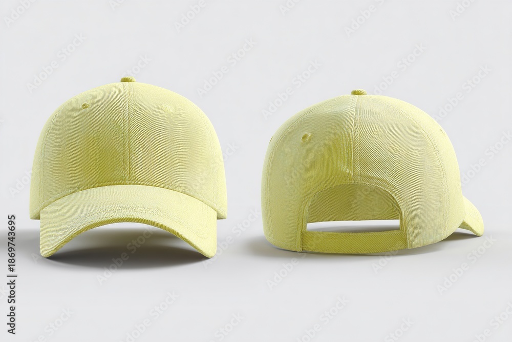 Fototapeta premium Pale yellow baseball cap shown from front and back on a white background