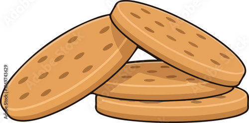 Delicious stack of golden brown round cookies, perfectly baked and ready for a sweet treat or snack time indulgence. Freshly made dessert illustration