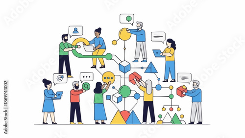 Diverse team collaborating on a complex project building a flowchart.