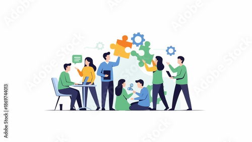 Diverse team collaborating on a complex puzzle project together.