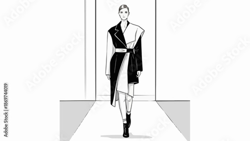 Fashion model walking on runway wearing a stylish black and white outfit.
