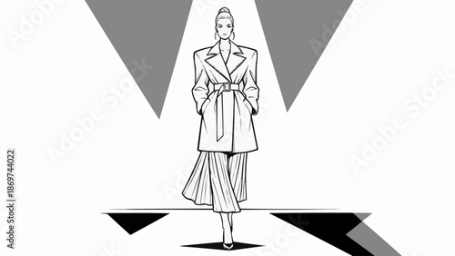 Fashion model walking on runway wearing stylish trench coat and pants.