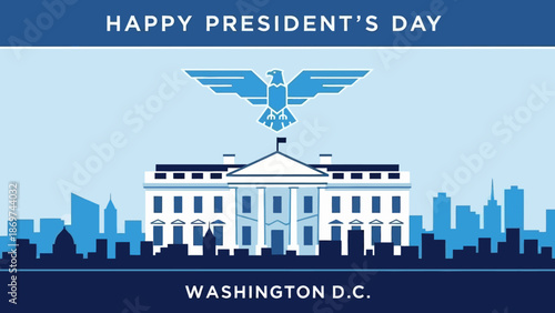 Happy Presidents’ Day Greeting Card with White House and Bald Eagle Illustration Flat Vector. Ideal for patriotic holiday greetings and corporate communications