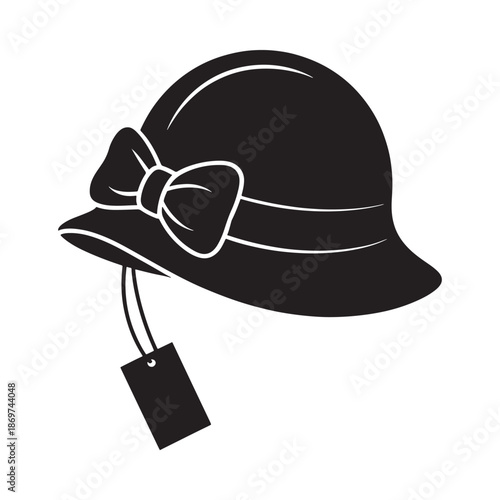 A stylish black hat with a bow and price tag illustration
