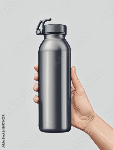 A hand holding a silver water bottle. The bottle is silver and has a black cap. The bottle is being held in a person's hand