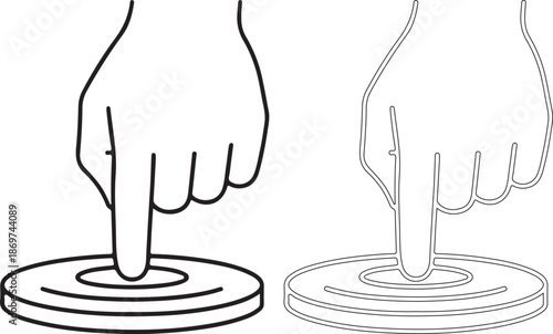 Black and white illustration of a hand pressing a button and a dotted line version of it