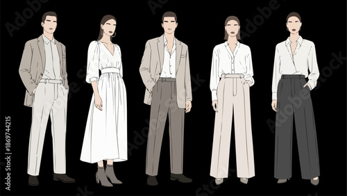 Fashionable people wearing stylish outfits on black background.