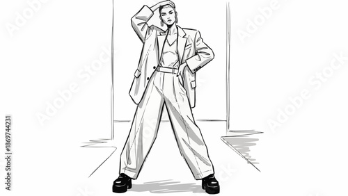 Fashionable person in oversized suit posing confidently.