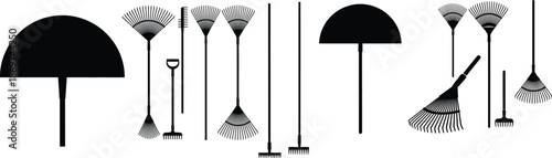 cleaning tools brooms and mops organized icon collection