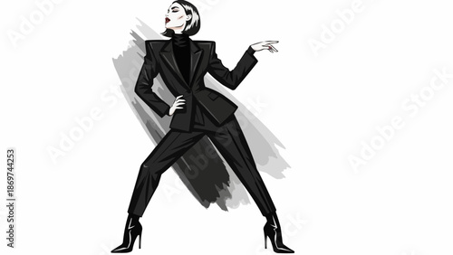 Fashionable woman in a stylish black suit and high heels posing confidently.