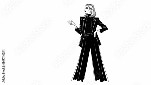 Fashionable woman in a stylish black suit posing confidently.