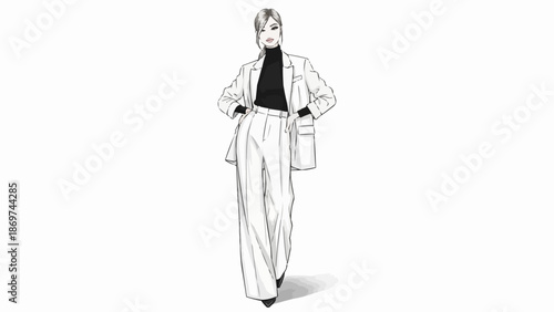 Fashionable woman in stylish suit with a black turtleneck posing elegantly.