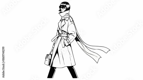 Fashionable woman in trench coat walking with handbag.
