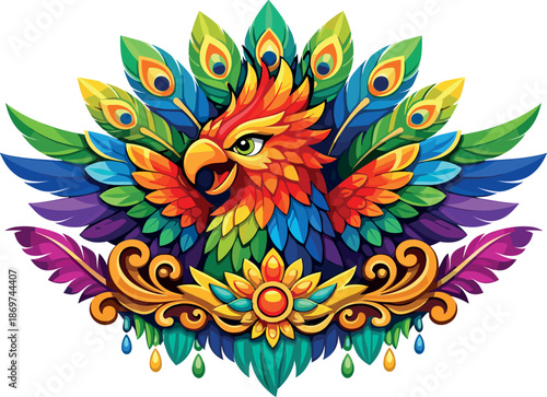 Vibrant phoenix bird emblem with ornate gold scrollwork and colorful feathers