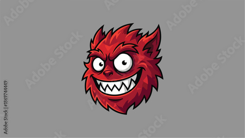 Red monster face with sharp teeth and wide eyes on gray background.