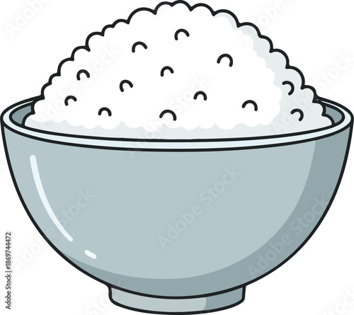 Clean and simple cartoon illustration of a freshly prepared bowl of white rice, an essential and healthy staple food perfect for nutritious meals and culinary uses