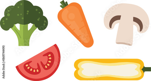 Vibrant collection of fresh and healthy illustrated vegetables, including broccoli, carrots, mushrooms, tomatoes, and bell peppers, perfect for healthy eating and culinary designs