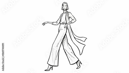 Fashionable Woman Wearing Stylish Outfit Sketch Illustration.