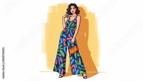 Fashionable Woman Wearing a Colorful Jumpsuit and Handbag.