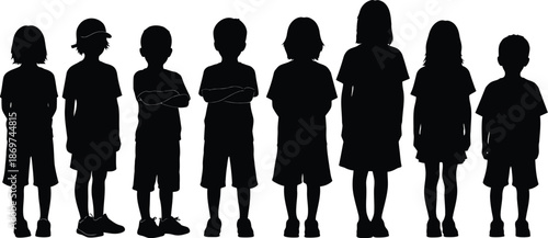 children silhouettes kids standing together in a row