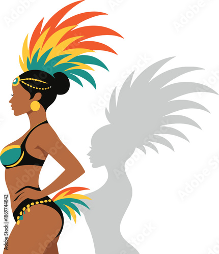 Woman in vibrant carnival costume with shadow silhouette