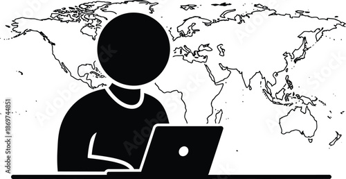 remote worker person using laptop in front of world map