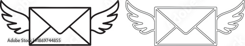 Winged envelope icons in black and white on for mail and messaging concepts
