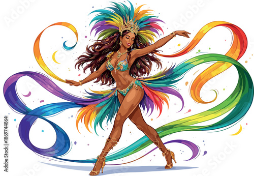 Samba dancer with vibrant costume and rainbow-colored ribbons in motion