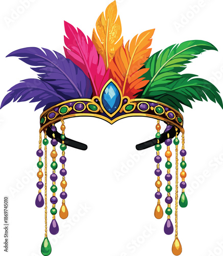 Mardi Gras feathered headdress with dangling beads and jewels