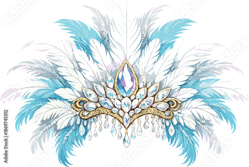 Elegant feathered headdress with blue and white feathers and crystals