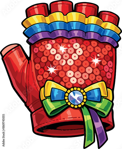 Festive red fingerless glove with sequin and rainbow ribbon detail