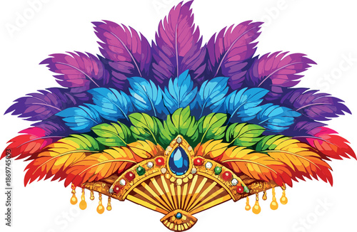 Colorful feather fan adorned with jewels and golden details