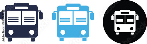 Bus Transportation Icon Set with Public Transit Vehicle Silhouettes in Blue Black and White for City Travel and Navigation Design