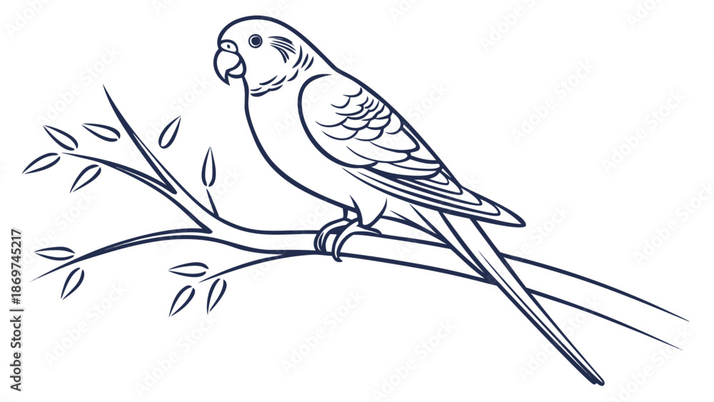 Obraz premium Elegant parrot perched on branch with leaves, simple line art style