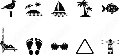 beach icons black and white seaside symbol collection on a plain background