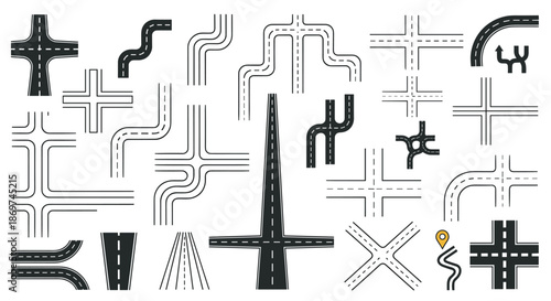 Diverse collection of road and highway intersection types in flat black and white vector styles for city planning and navigation diagrams.