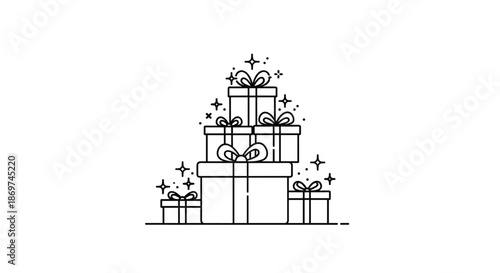 Minimalist line art drawing of a pyramid of stacked gift boxes decorated with sparkling stars and a simple bow.