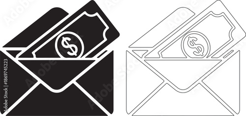 Vector illustration of an envelope with a dollar bill and coin inside