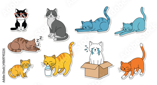 Collection of adorable cat stickers in various poses and emotional states including sleeping, crying, drinking milk, and wearing sunglasses.