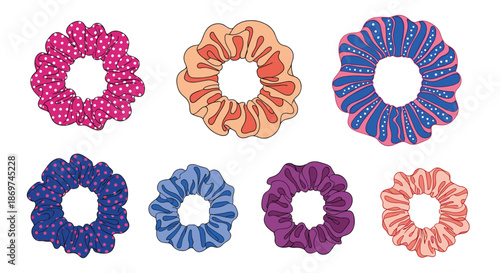 Set of seven vibrant hair scrunchies with different patterns like stripes and dots for fashionable hair accessories.